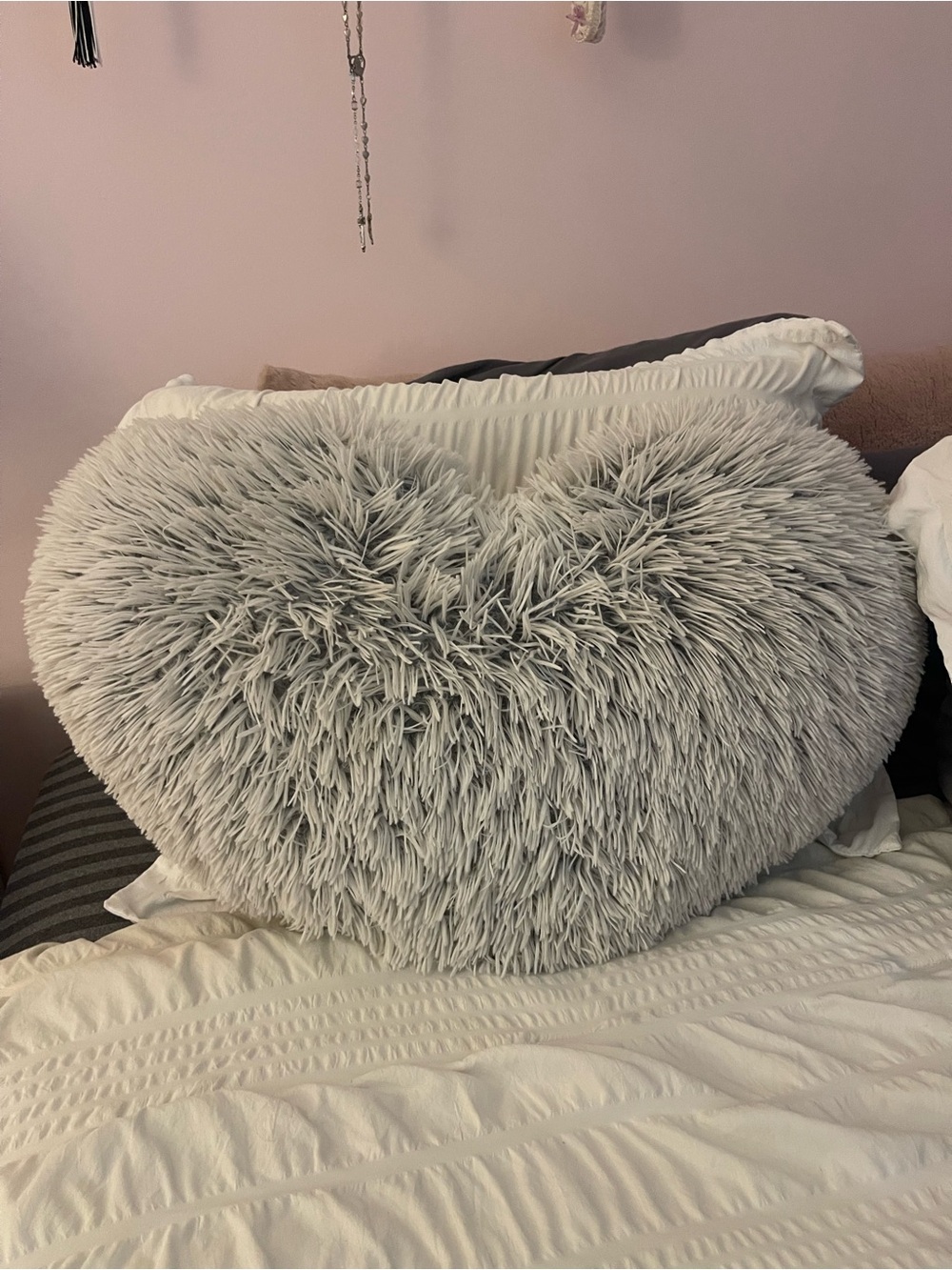 Heart Shag Pillow - Light Gray Faux Fur
